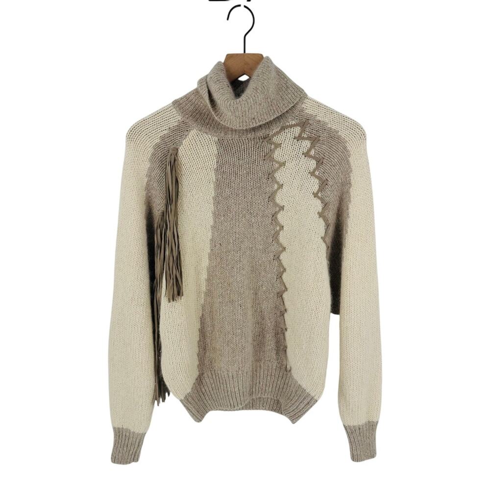 Vintage I.B. Diffusion Fringe Turtleneck Sweater Taupe Cream Silk Angora Size M